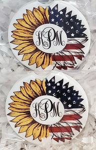 Patriotic American Sunflower Custom Monogram Car Coasters